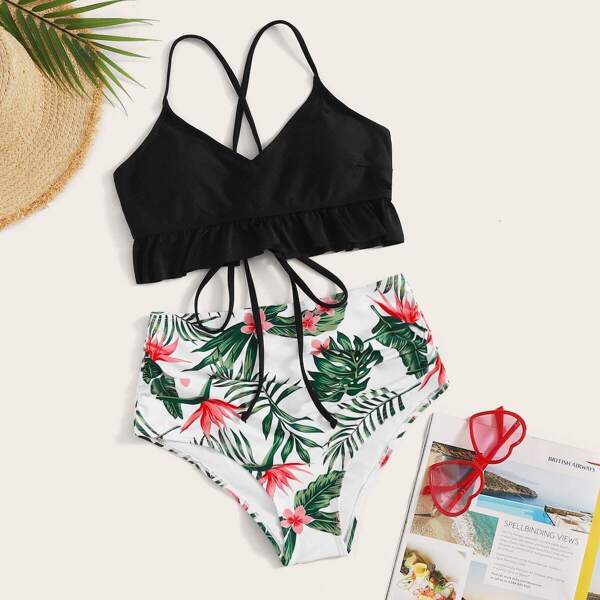 

Lace Up Ruffle Hem Top With Floral Bikini Set, Multicolor