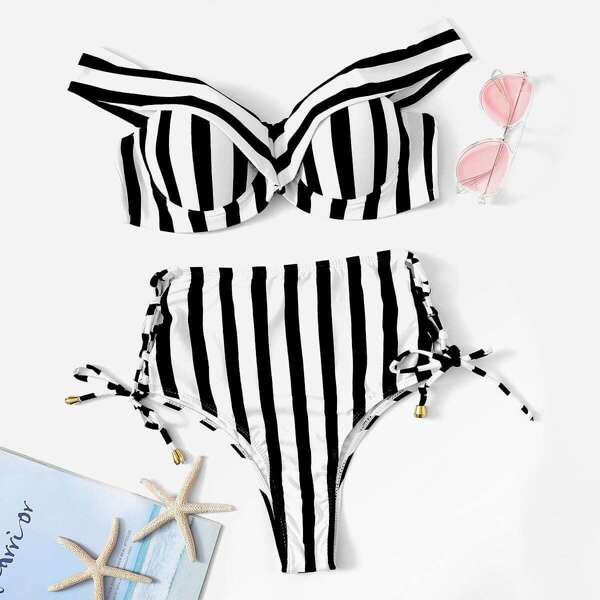

Striped Underwire Top With Lace Up Bikini Set, Black and white