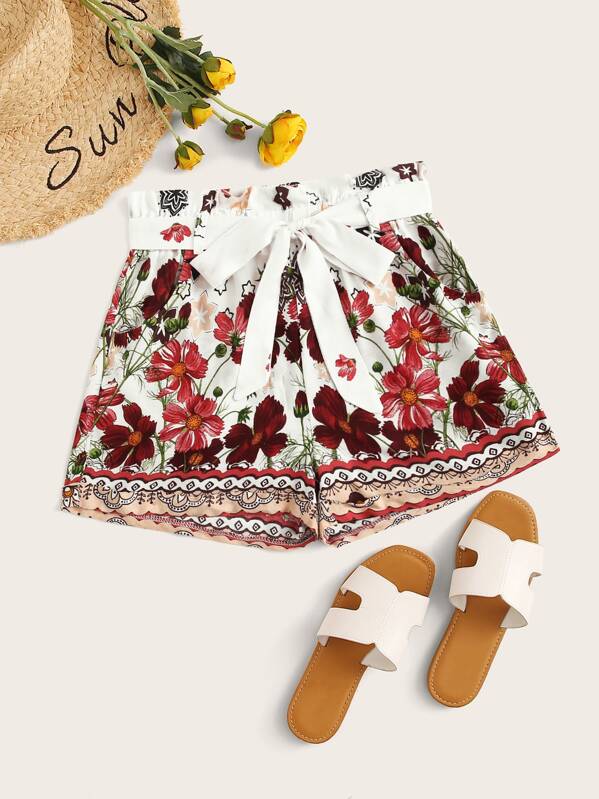 

Floral Print Wide Leg Belted Shorts, Multicolor