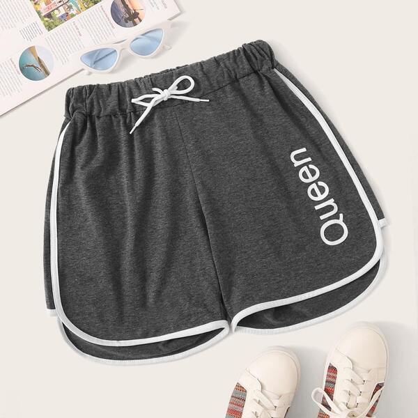 

Letter Print Drawstring Waist Contrast Binding Shorts