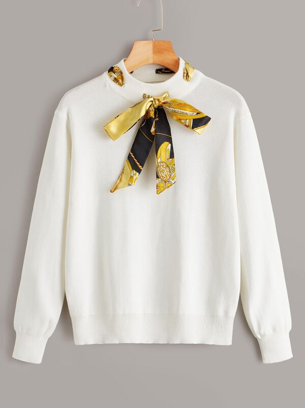 

Scarf Print Tie Front Sweater, White