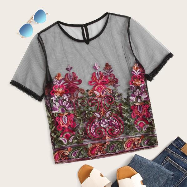 

Floral Embroidered Lettuce Trim Sheer Tee