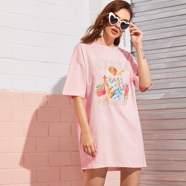 

Angel & Letter Print Drop Shoulder T-shirt Dress