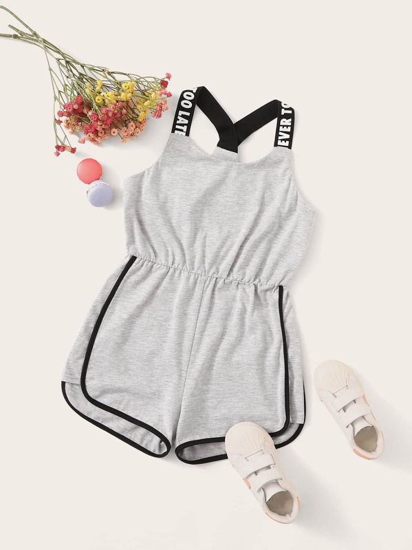 

Girls Slogan Strap Contrast Binding Romper, Grey