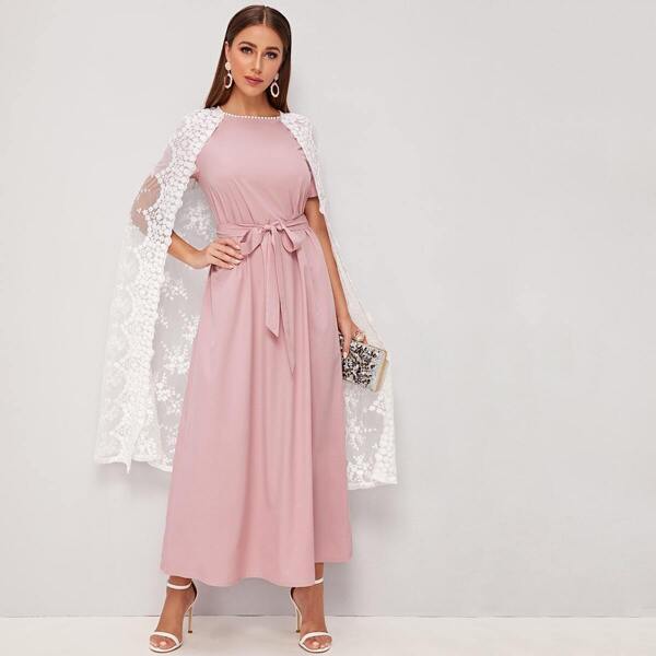 

Keyhole Back Self Belted Dress With Embroidered Mesh Cape, Pink pastel
