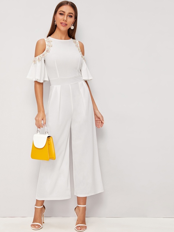 

3D Applique Cold Shoulder Flutter Sleeve Jumpsuit, White, Hanna