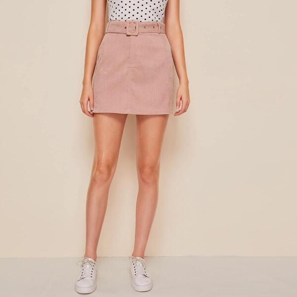 

Buckle Belted Slant Pocket Cord Skirt