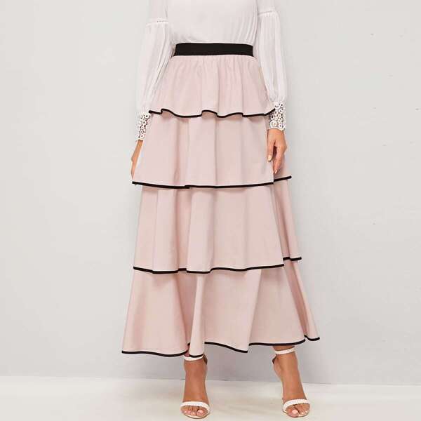 

High Waist Contrast Binding Layered Hem Skirt