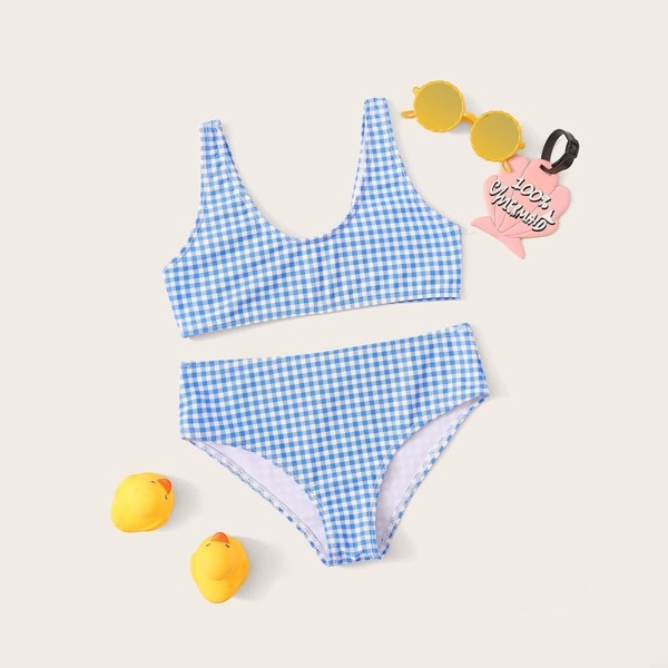 

Girls Gingham Top With High Waist Bikini Set