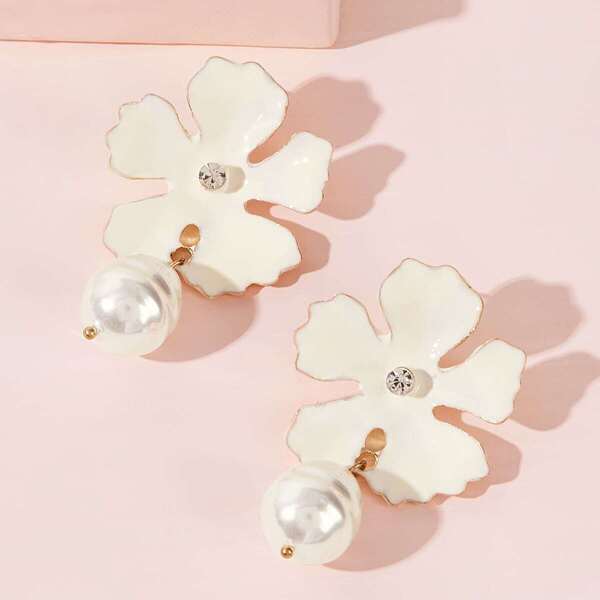 

Faux Pearl Decor Flower Drop Earrings 1pair, White