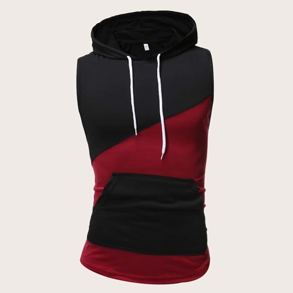

Men Sleeveless Drawstring Spliced Hooded Tee, Multicolor