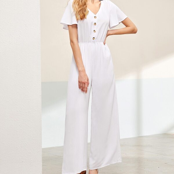 

Button Front V-neck Butterfly Sleeve Jumpsuit