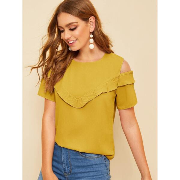 

Open Shoulder Ruffle Trim Blouse, Yellow