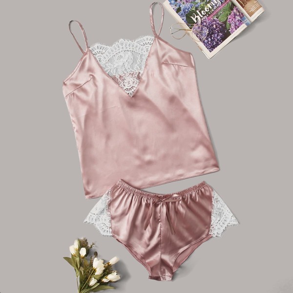 

Plus Lace Trim Satin Cami Top With Shorts, Pink