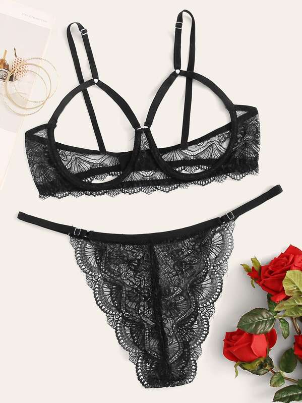 

Plus Contrast Lace Top With Thong Lingerie Set, Black