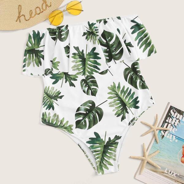 

Plus Palm Print Flounce One Piece Swimwear, Multicolor