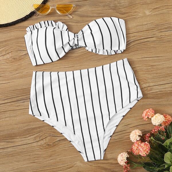 

Striped Twist Frill Trim Bandeau Bikini Set