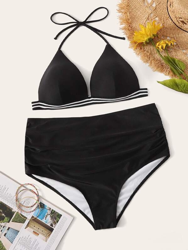 

Plus Striped Hem Halter Bikini Set, Black