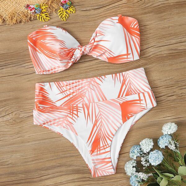 

Palm Print Twist Bandeau Bikini Set, Multicolor
