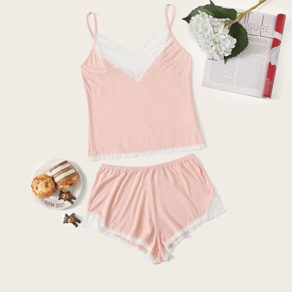 

Contrast Lace Cami Pajama Set, Pink