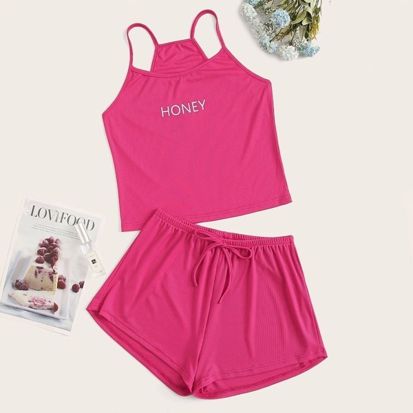 

Letter Print Rib Cami PJ Set
