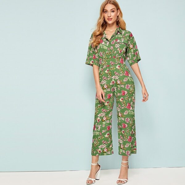 

Allover Ditsy Floral Print Shirt Jumpsuit