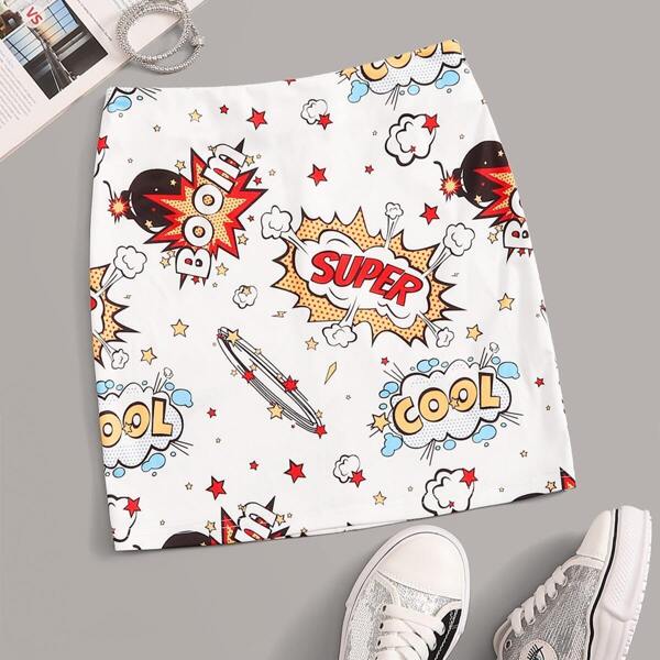 

Letter & Cartoon Print Pencil Skirt