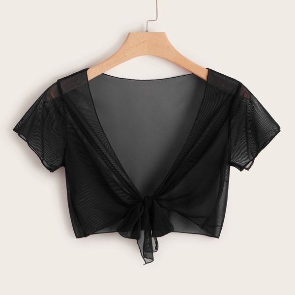 

Plus Tie Front Sheer Mesh Crop Kimono, Black
