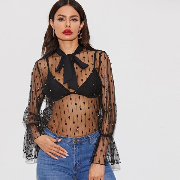 

Swiss Dot Tie Neck Beaded Sheer Mesh Top Without Bra, Black