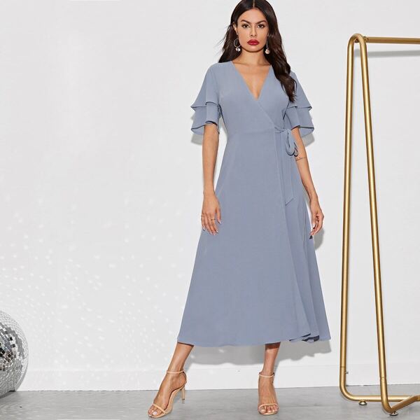 

Solid Layered Sleeve Wrap Knotted Dress, Blue pastel