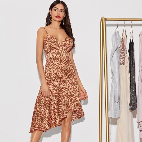 

Leopard Print Asymmetrical Ruffle Hem Slip Dress