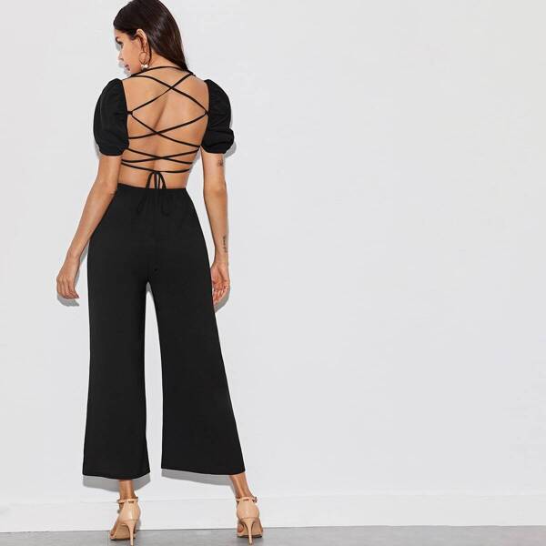 

Solid Criss-cross Tie Back Wide Leg Jumpsuit