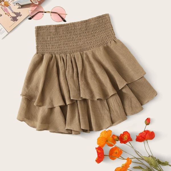 

Solid Ruffle Layered Hem Shirred Skirt, Khaki