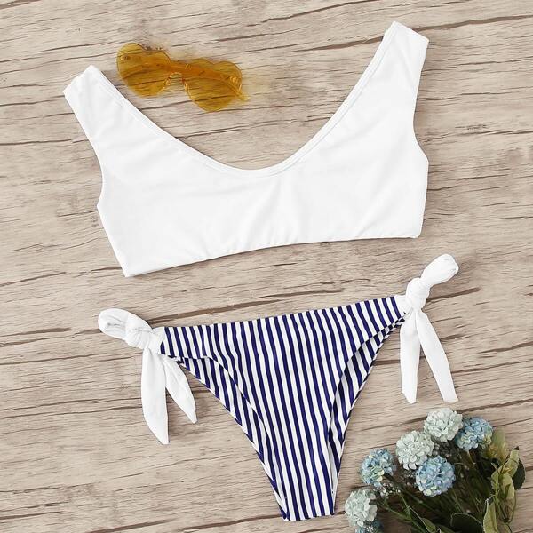 

Solid Top With Striped Tie Side Bikini