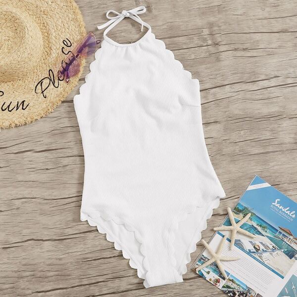 

Scalloped Trim Halter One Piece Swimwear