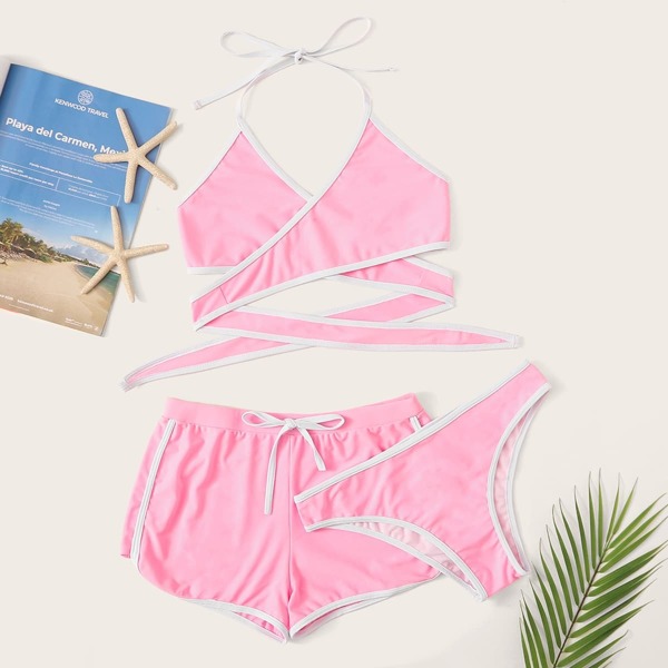 

Contrast Piping Wrap Halter Bikini Set 3pack