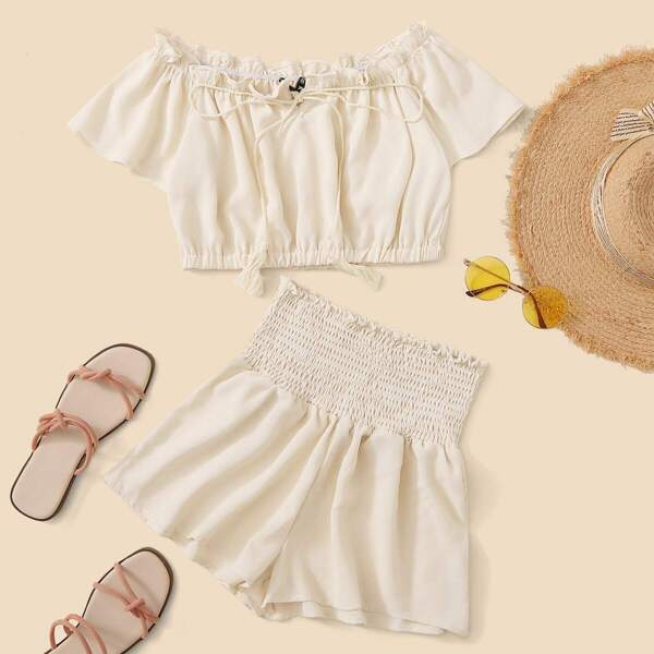 

Tie Fringe Bardot Top & Shirred Waist Shorts Set, Beige