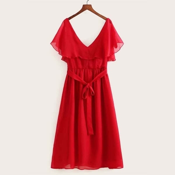 

V-neck Ruffle Trim Solid Belted Dress