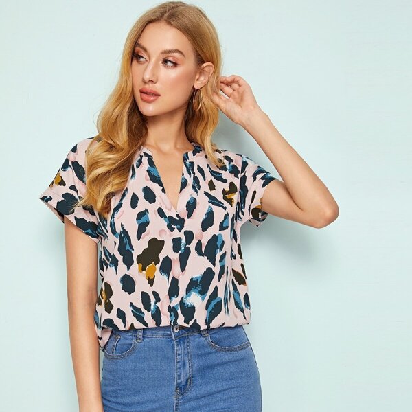 

Leopard Print Notch Neck Blouse, Multicolor