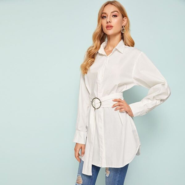 

Solid Curved Hem O-ring Belted Longline Blouse