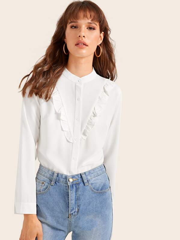 

Frill Trim Stand Collar Solid Blouse, White, Dee