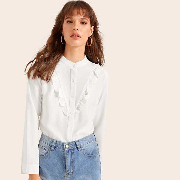 

Frill Trim Stand Collar Solid Blouse, White