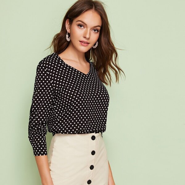 

Polka Dot V-neck Keyhole Back Blouse, Black