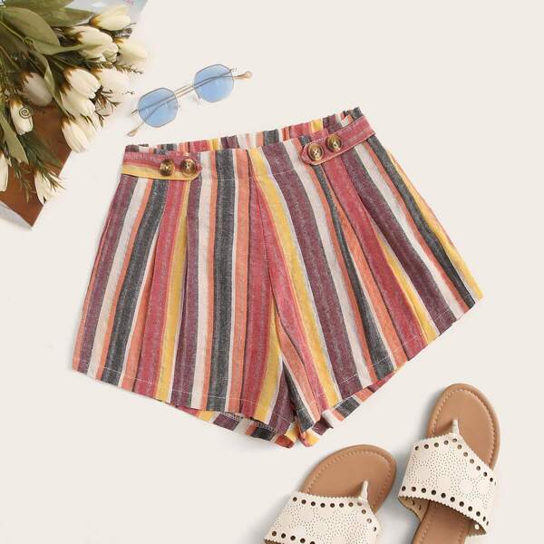 

Multi-striped Button Detail Shorts, Multicolor
