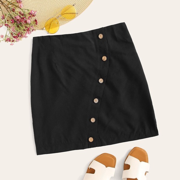 

Solid Button Front Pencil Skirt