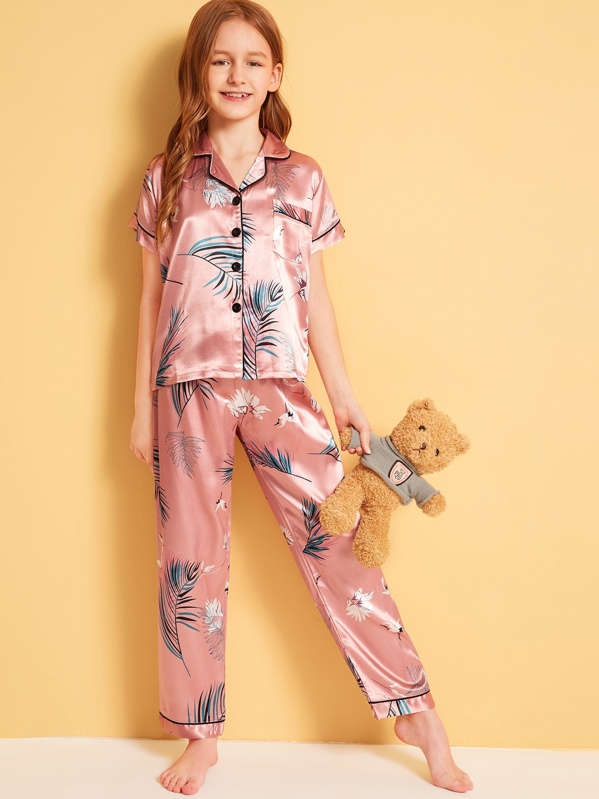 

Girls Leaf & Crane Print Satin Pajama Set, Pink, Sashab