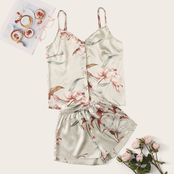 

Floral Print Satin Cami Pajama Set, Multicolor