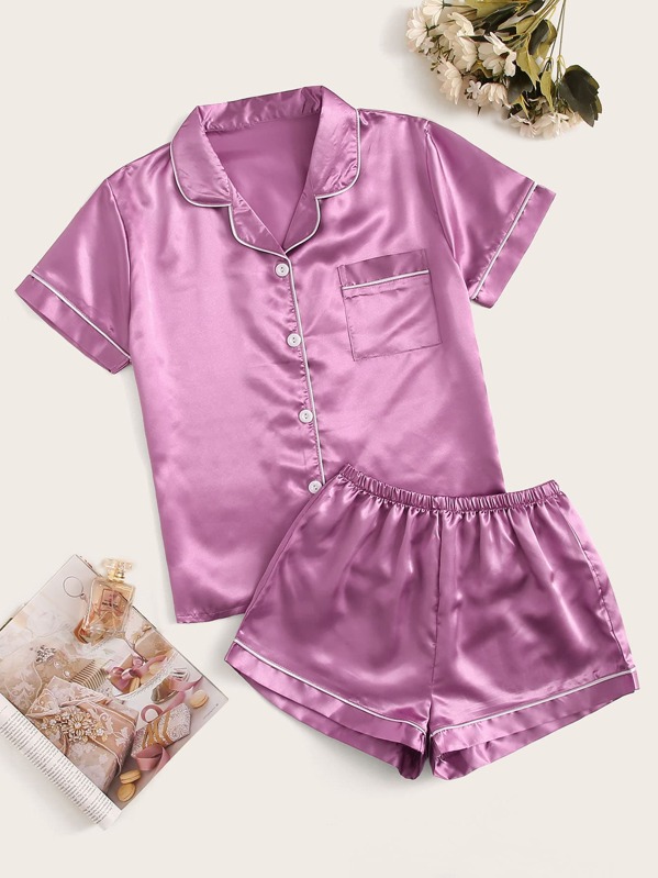 

Contrast Binding Satin Pajama Set, Pink