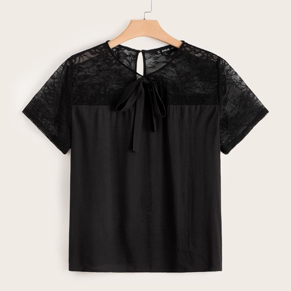 

Plus Solid Lace Insert Tie Front Keyhole Back Top