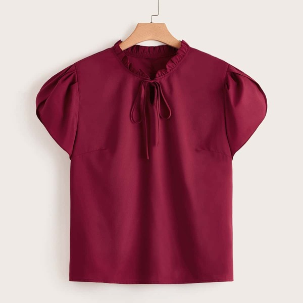

Plus Solid Frill Trim Petal Sleeve Tie Neck Top